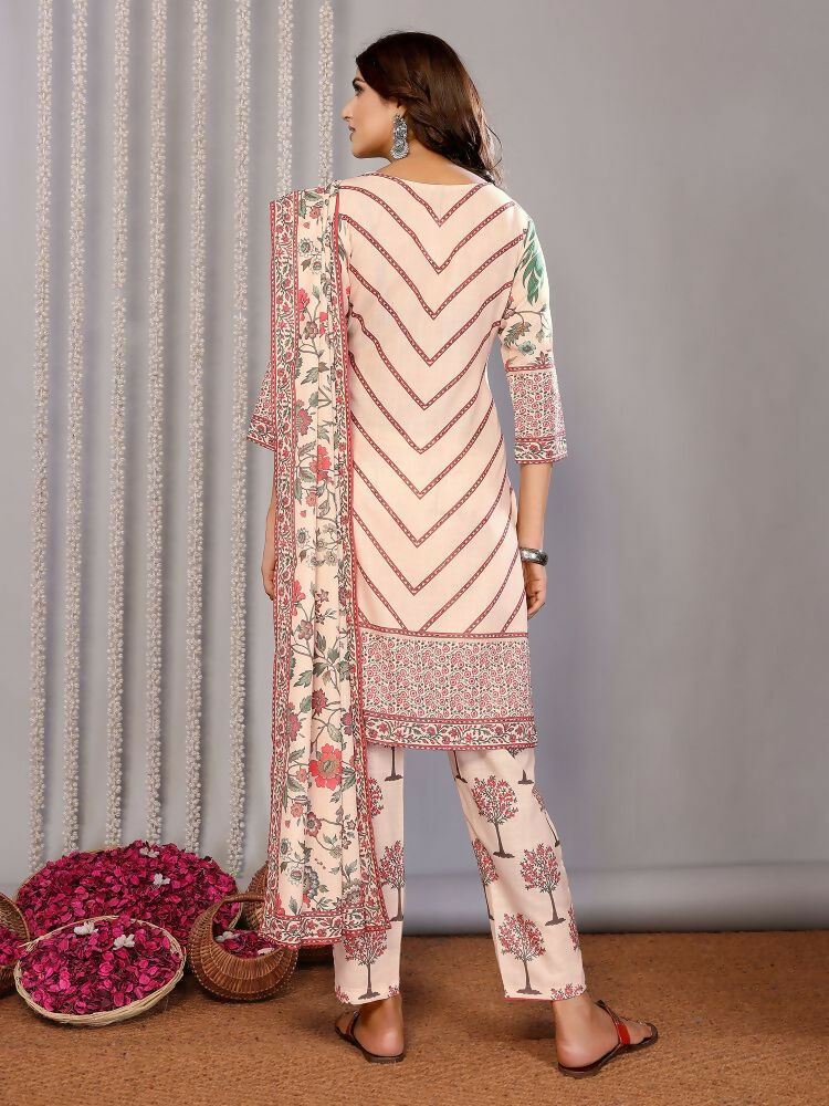 Joban Fashion Women Cream Linen Printed Stitched Kurta Set