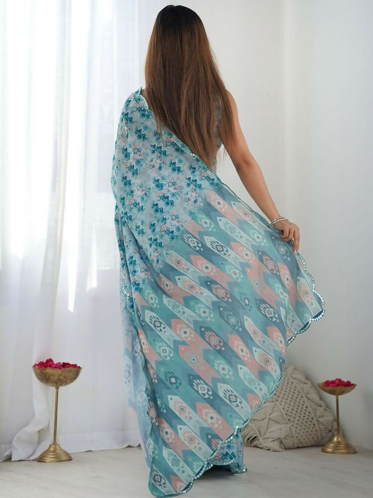 PR Fashion Light Blue Georgette Digital Print With Mirror Work Saree