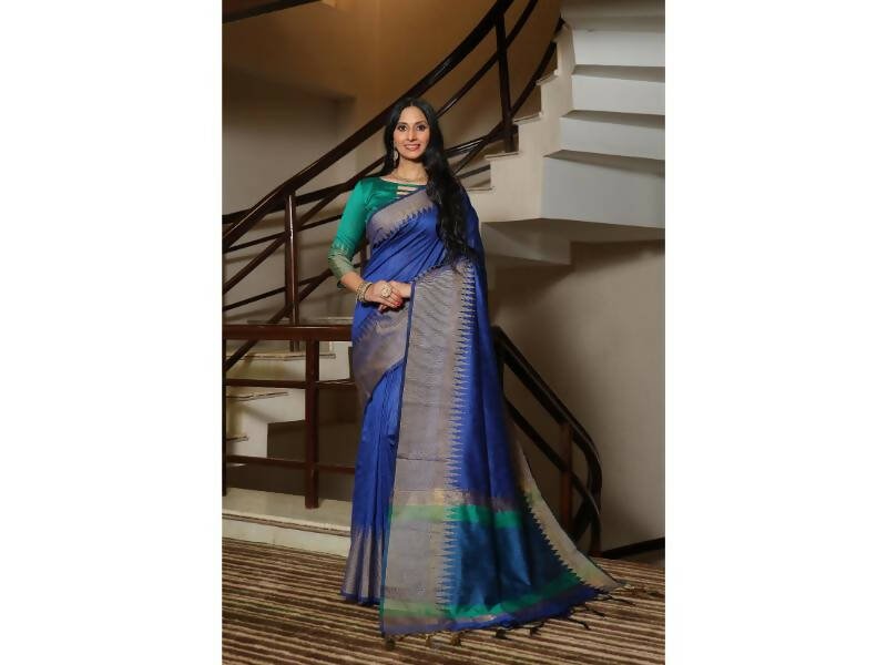 Aastha Fashion Women's Blue Raw Silk Temple Zari Woven Saree with Blouse - Grab2buy