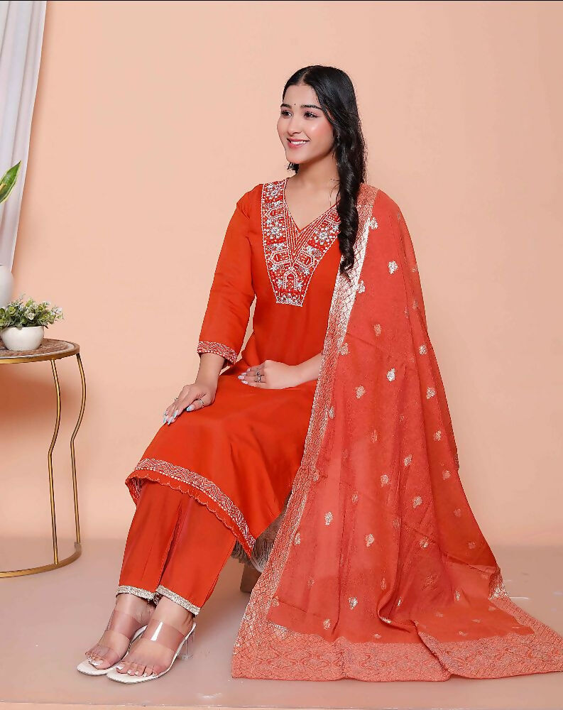 Miravan Womens Orange Embroidered Straight Kurta With Palazzo And Dupatta Set