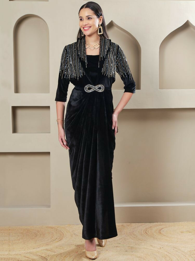 Joban Fashion Women Black Velvet Hand Embellishment Stitched Dress