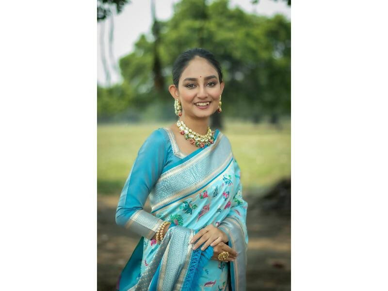 Aastha Fashion Women's Firozi Banarasi Silk Meenakari Zari Woven Saree with Blouse - Grab2buy