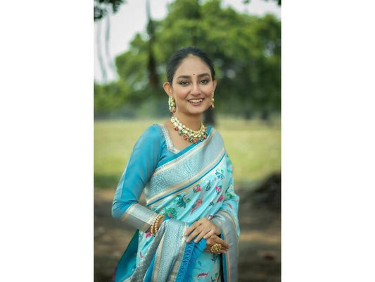 Aastha Fashion Women's Firozi Banarasi Silk Meenakari Zari Woven Saree with Blouse - Grab2buy