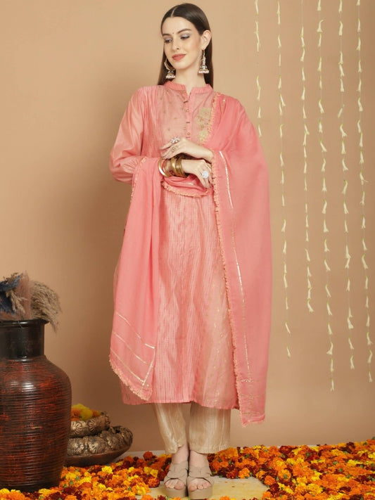 Aastha Fashion Women's Peach Chanderi Silk Elegant Jardoshi Semi Kurta with Trouser & Dupatta - Grab2buy