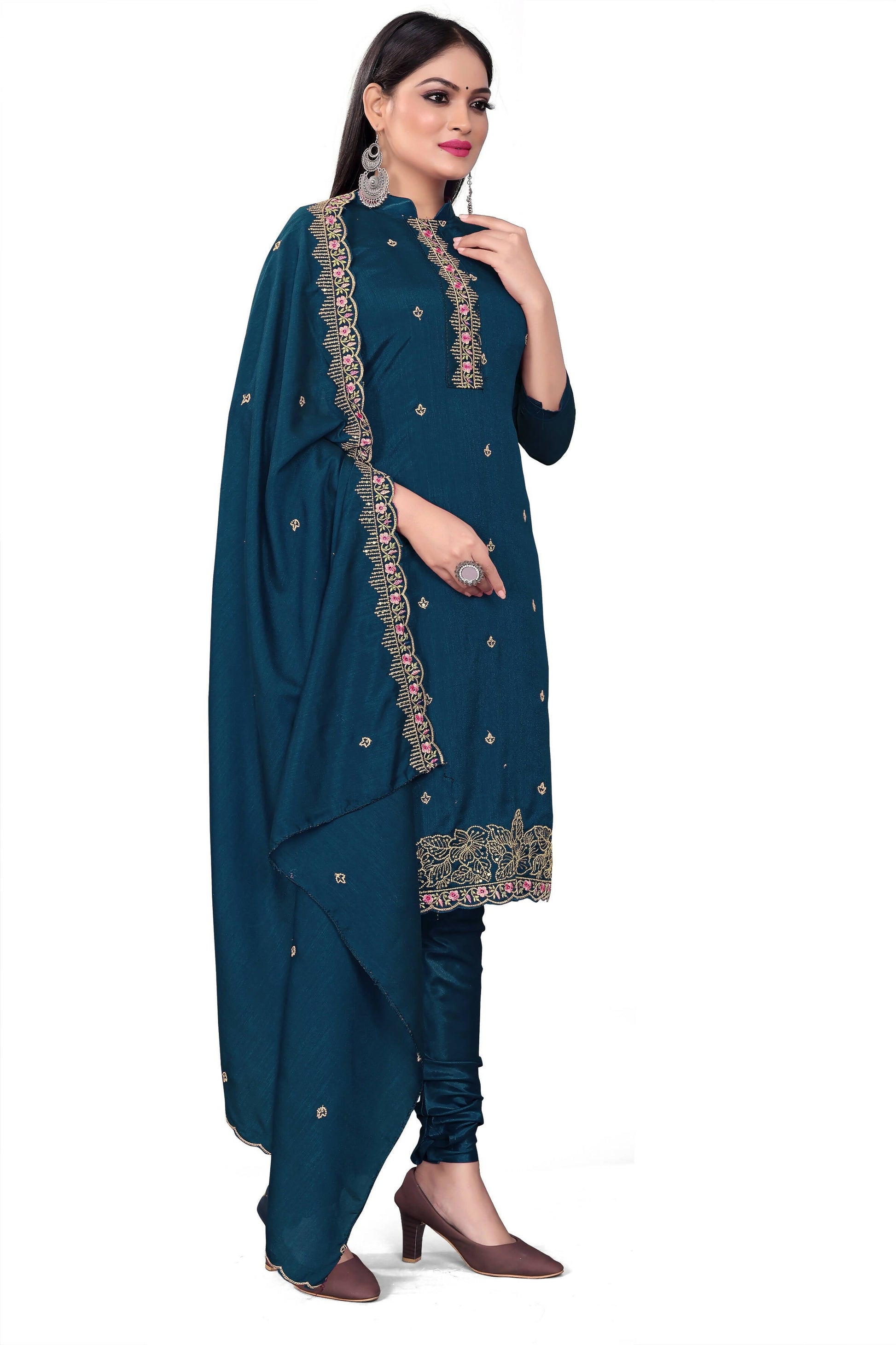 Blue Silk Embroidered with Sequins work Unstitched Dress Material - Tanvi