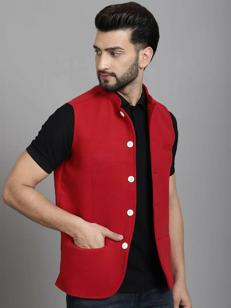 Even Apparels Nehru Jacket With Welt Pockets - Red 