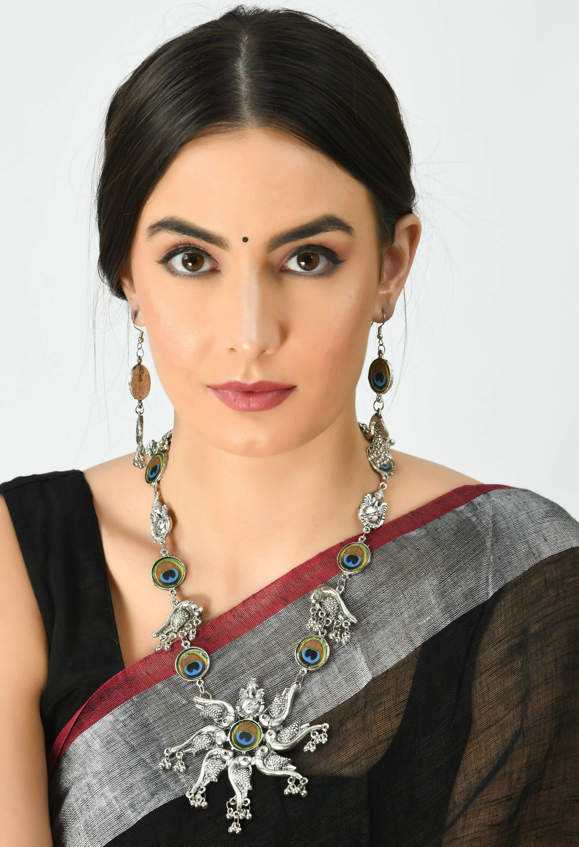 Mominos Fashion Johar Kamal Oxidised Silver-Plated Brass Finish Peacock Design Long Necklace Set For Women - Grab2buy