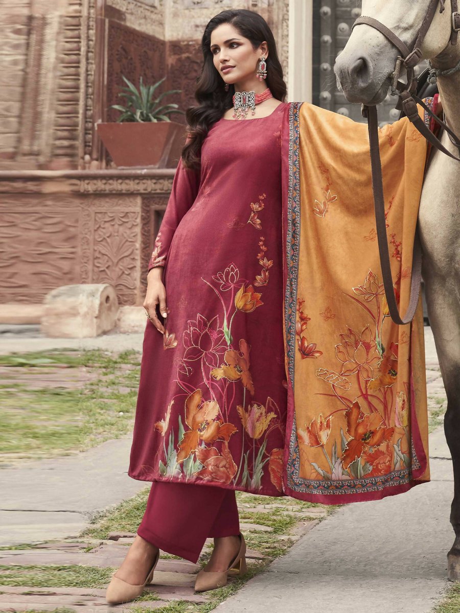 Aastha Fashion Women's Red Velvet Floral Digital Printed Kurta with Trouser & Dupatta - Grab2buy