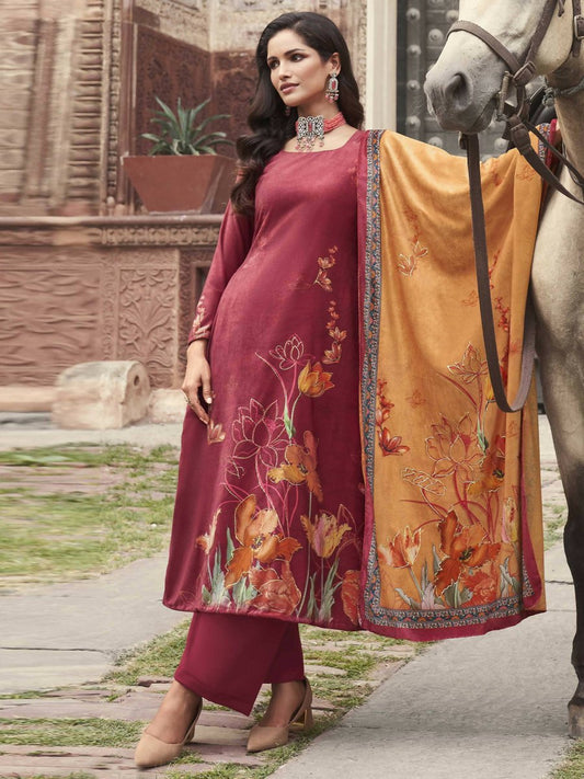 Aastha Fashion Women's Red Velvet Floral Digital Printed Kurta with Trouser & Dupatta - Grab2buy