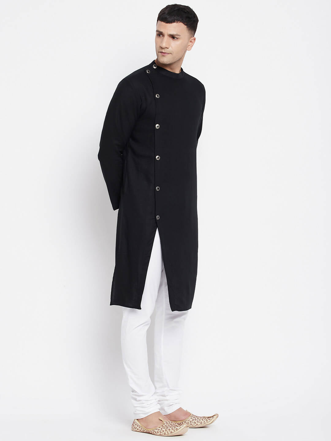 Even Apparels Black Pure Cotton Men's Sherwani Kurta With Asymetrical Cut 