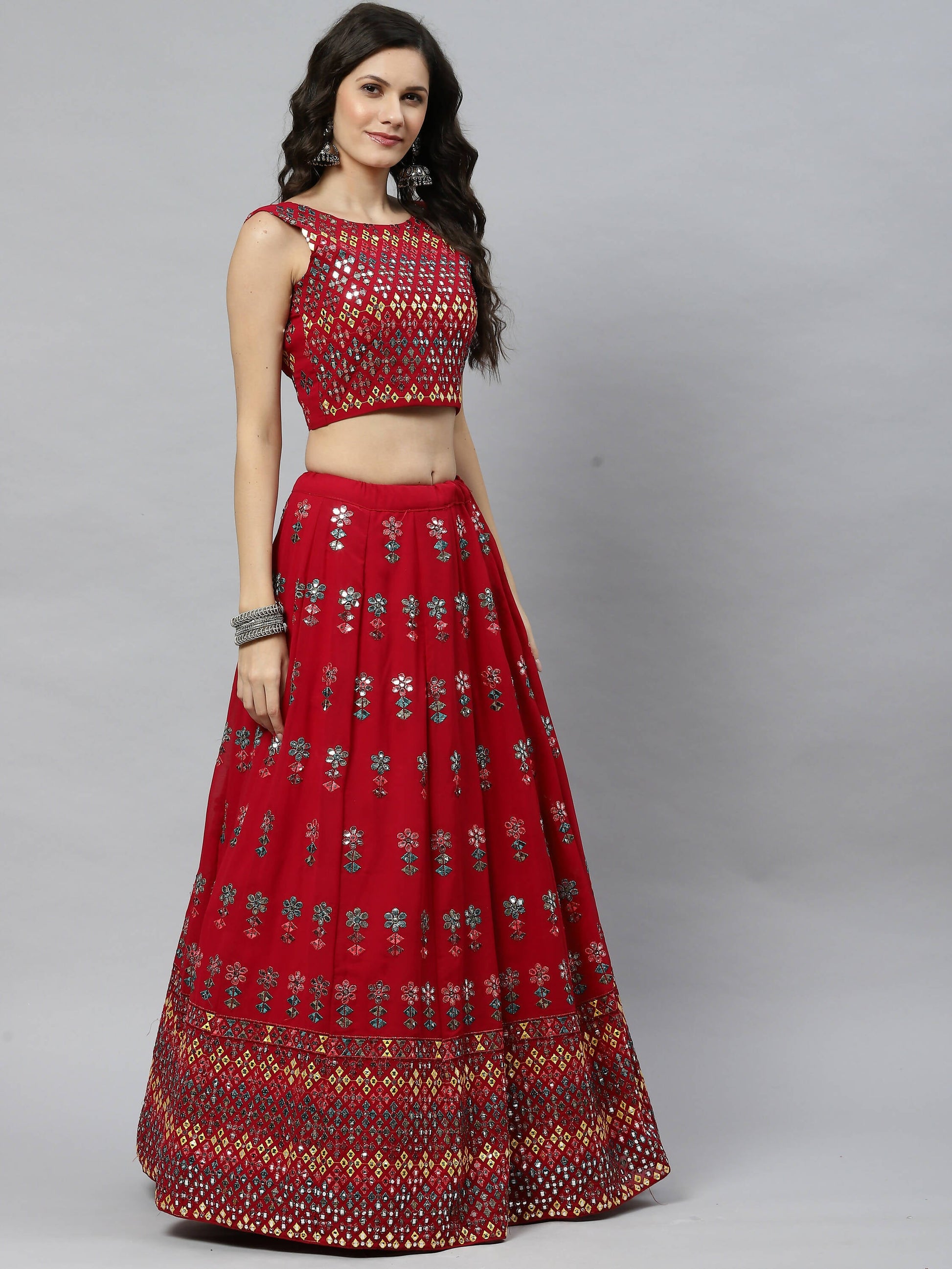 Deep Pink Georgette Heavy Embroidery mirror Work Lehenga Choli with Dupatta - Jivika