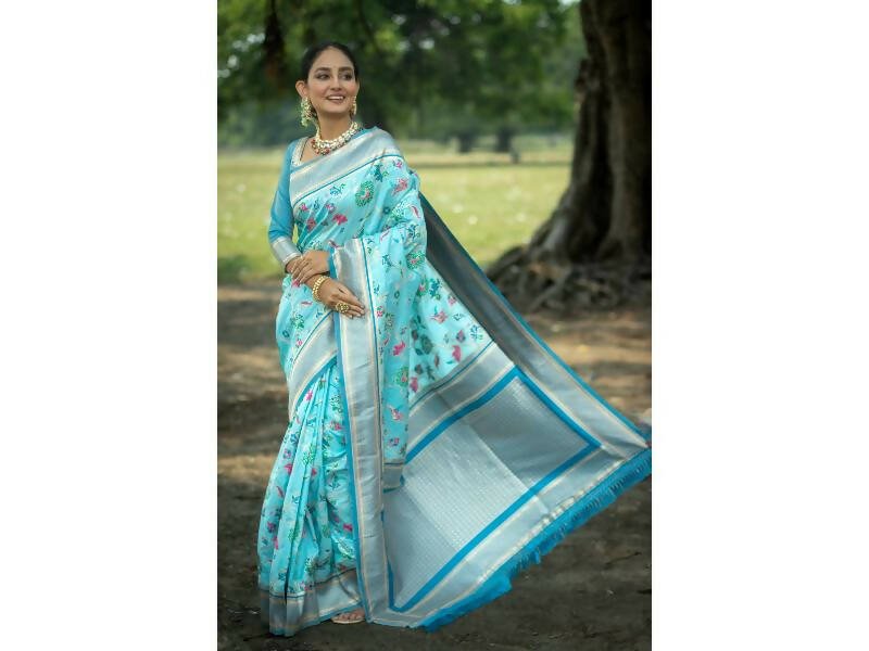 Aastha Fashion Women's Firozi Banarasi Silk Meenakari Zari Woven Saree with Blouse - Grab2buy
