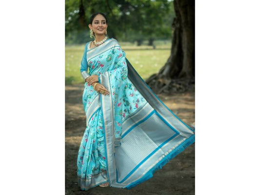 Aastha Fashion Women's Firozi Banarasi Silk Meenakari Zari Woven Saree with Blouse - Grab2buy