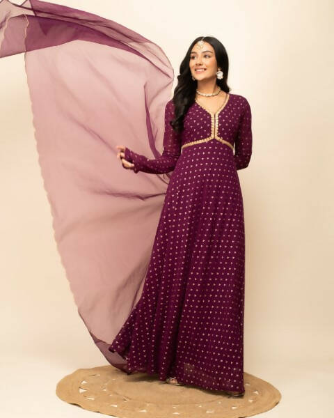 FIORRA Women's Wine Georgette Anarkali Kurta With Dupatta 