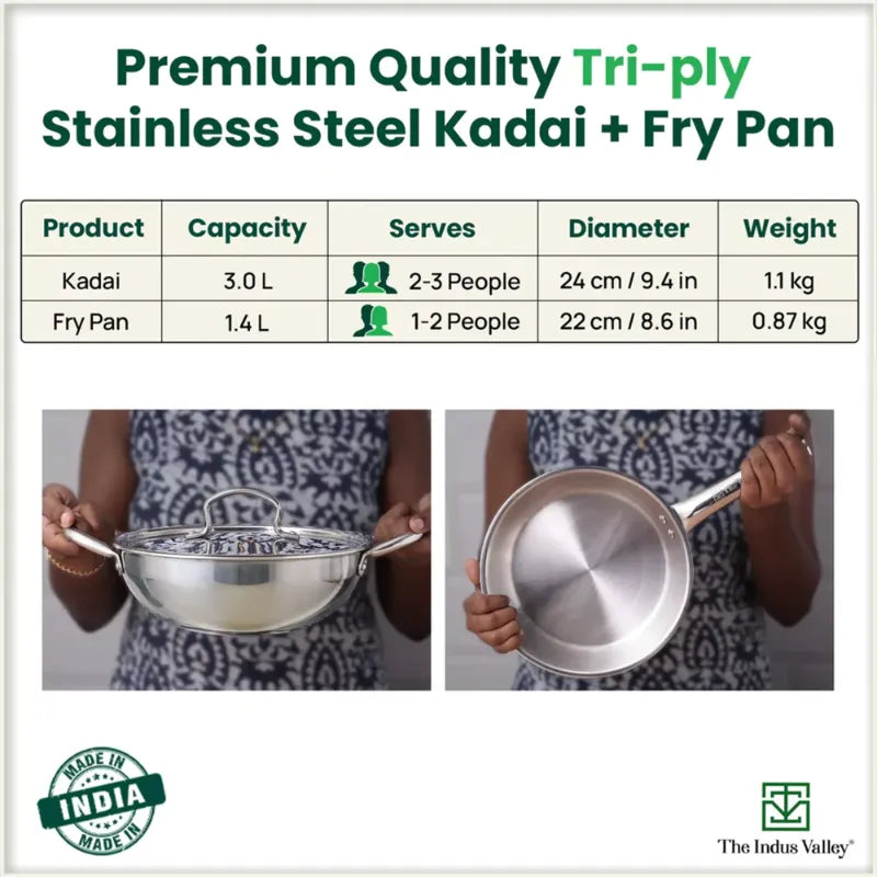 The Indus Valley TurboCuk Tri-ply Stainless Steel Cookware Set: 3L Kadai with Lid + 1.4L Fry Pan, Premium Quality, 3 Layer Thick Body, 100% Toxin-free, Non-stick, Induction & Gas  Grab2Buy The Indus Valley Grab2Buy