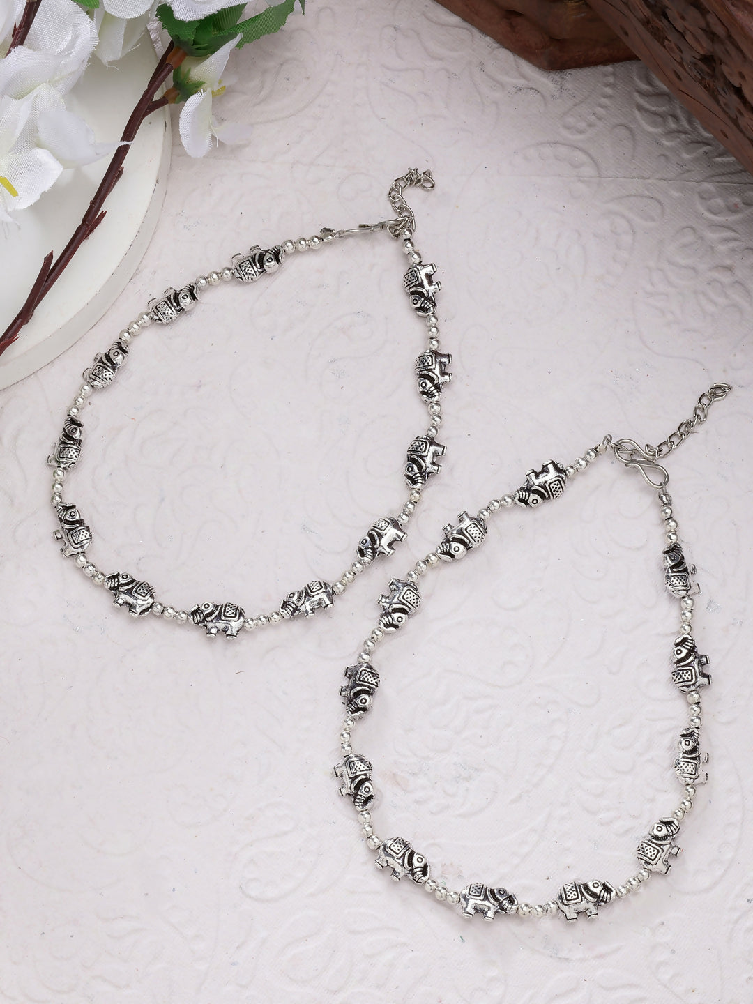 NVR Women's Set of 2 Silver-Plated Elephant Design Anklets 