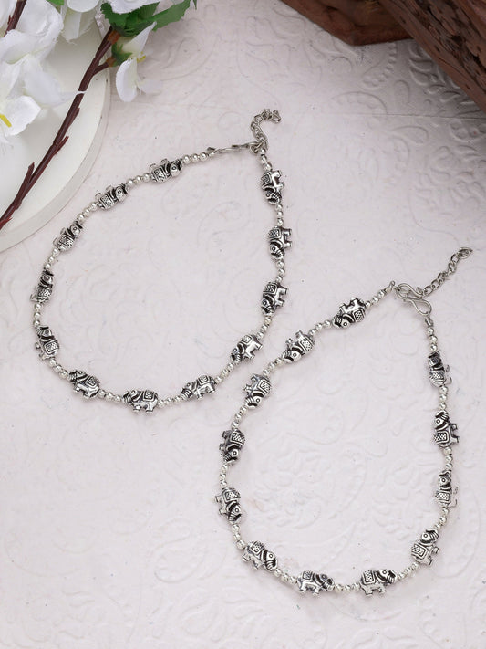 NVR Women's Set of 2 Silver-Plated Elephant Design Anklets 