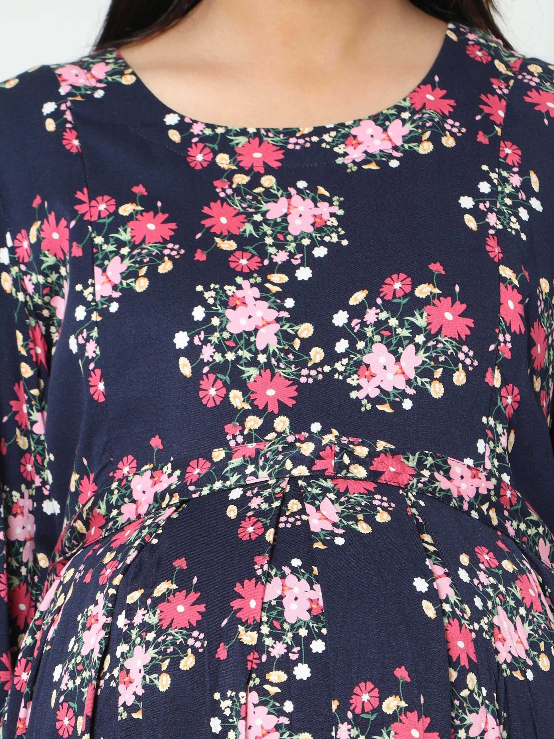 Manet Three Fourth Maternity Dress Floral Print With Concealed Zipper Nursing Access - Navy Blue