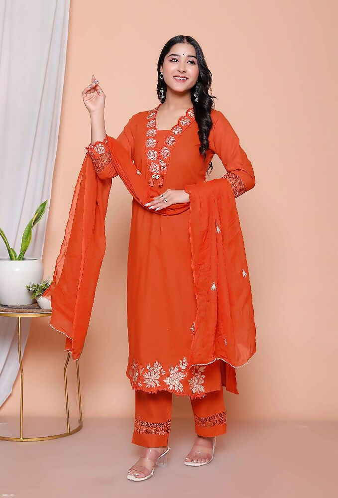 Miravan Womens Embroidered Cotton Kurta With Palazzo & Dupatta Set