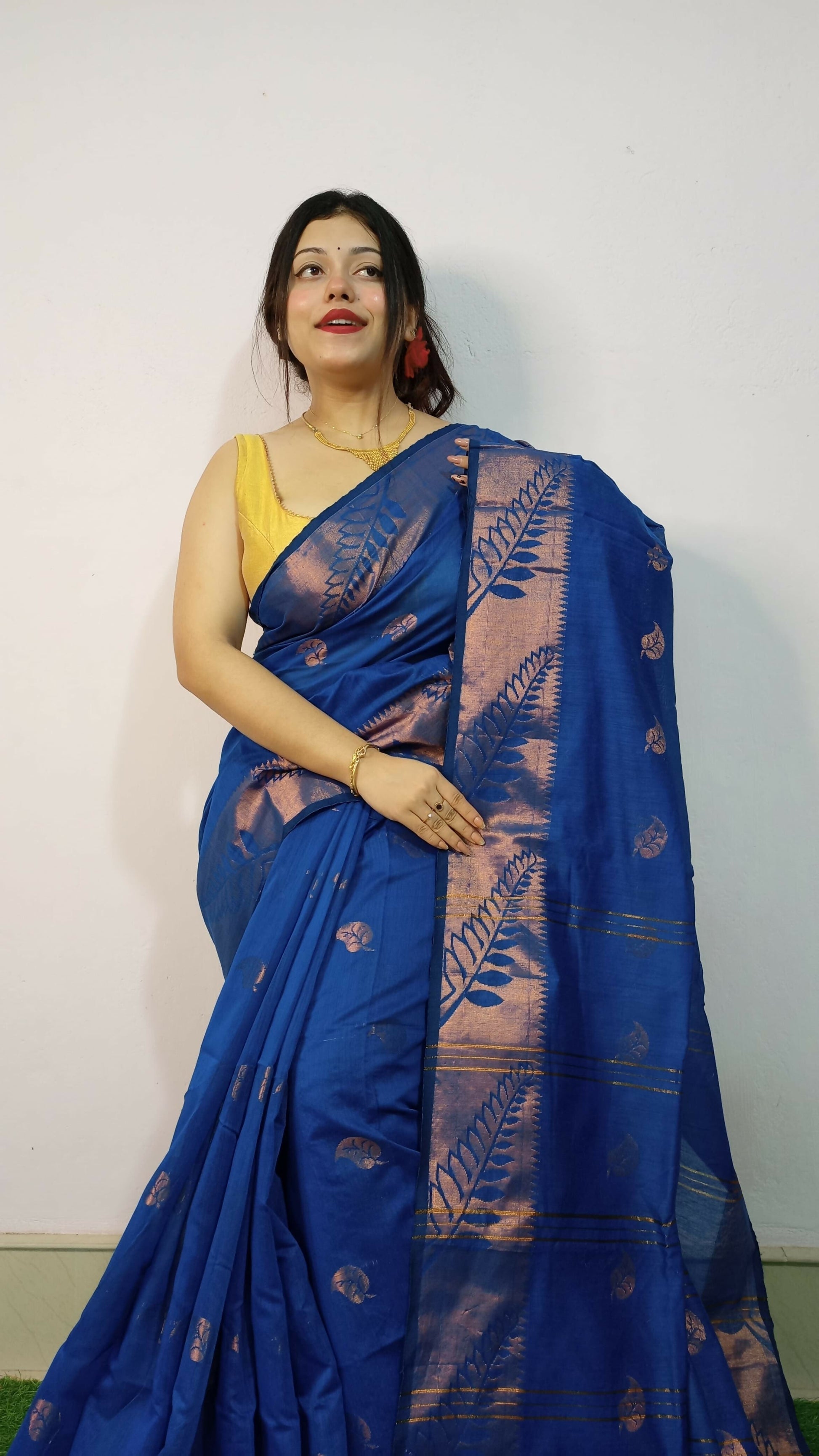 Exclusive Collection Beautiful Blue Cotton Silk Woven Handloom Grab2Buy With Running Blouse Piece 
