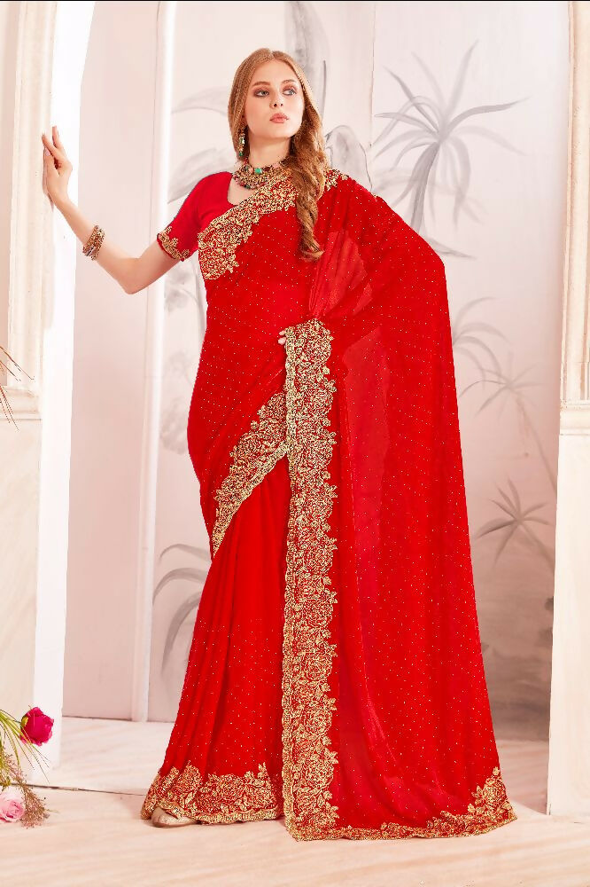 PR Fashion Red Fendi Two Tone Silk Heavy Zari & Resham Embroidery Work With Heavy Zircon Work Saree