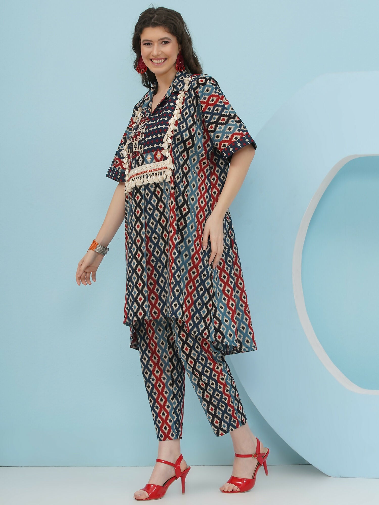 Joban Fashion Ikkat Kaftan Set - Blue Red