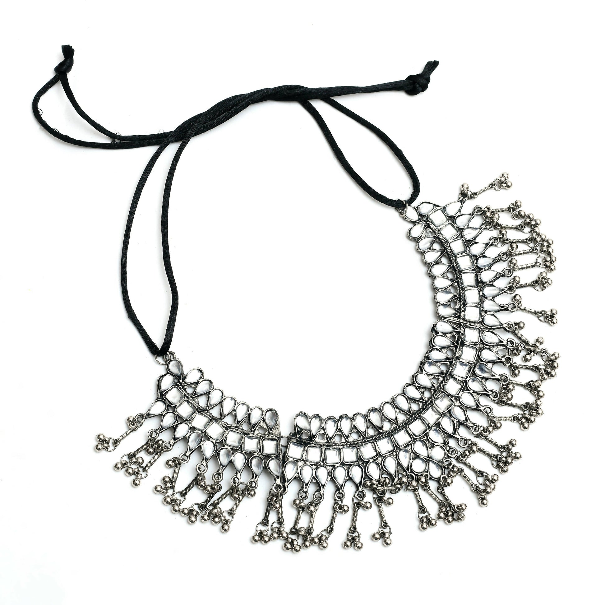 Mominos Fashion Johar Kamal Oxidised Silver-Plated Brass Finish Kundan Necklace For Women (Silver) - Grab2buy