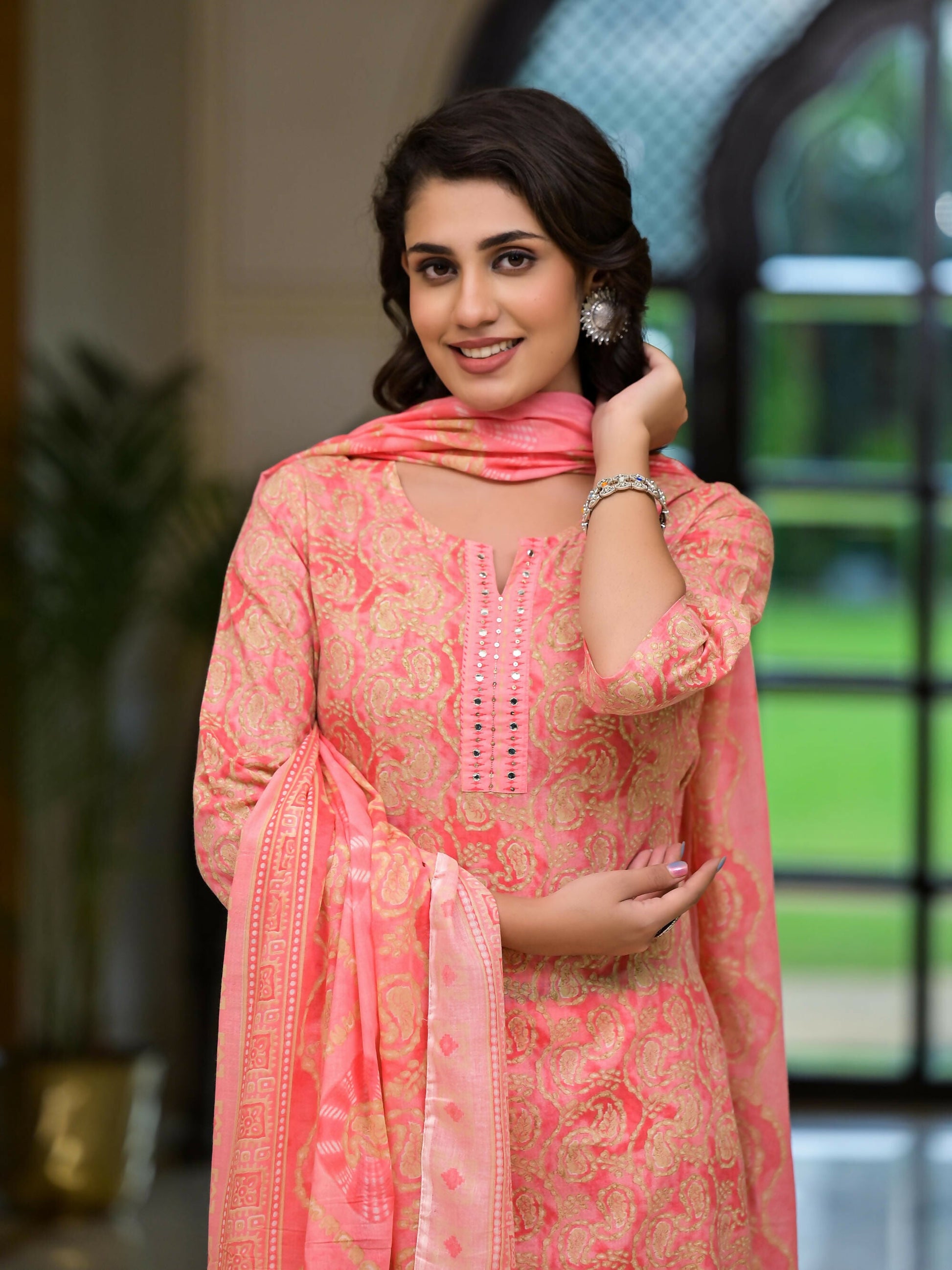 Juniper Women's Pink Ethnic Motif Printed Cotton Kurta Pant And Dupatta Set With Mirror Work & Sequins