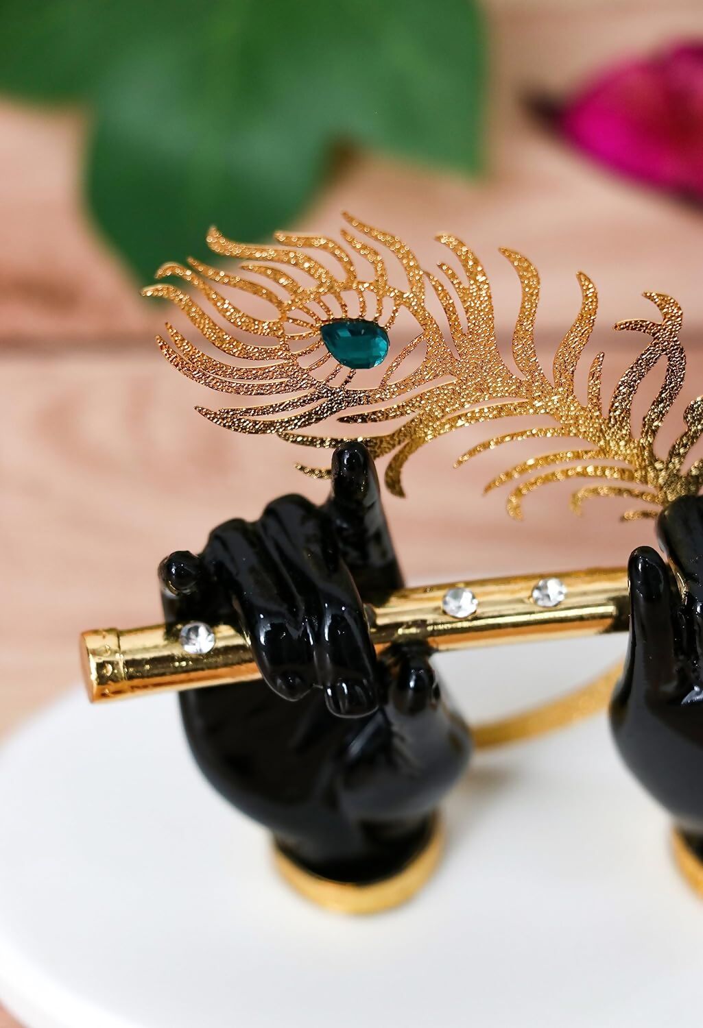 House Of Wemy Gold-Polished Lord Krishna Hands Idol with Flute and Pecock Feather - Black 