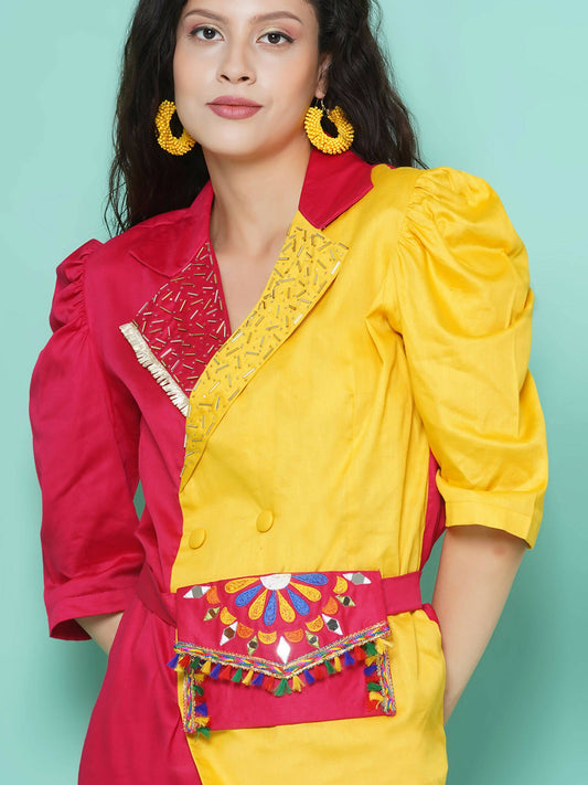 Women Republic Pink And Yellow Cotton Silk hand Embellished Coord set with Pouch - Grab2buy