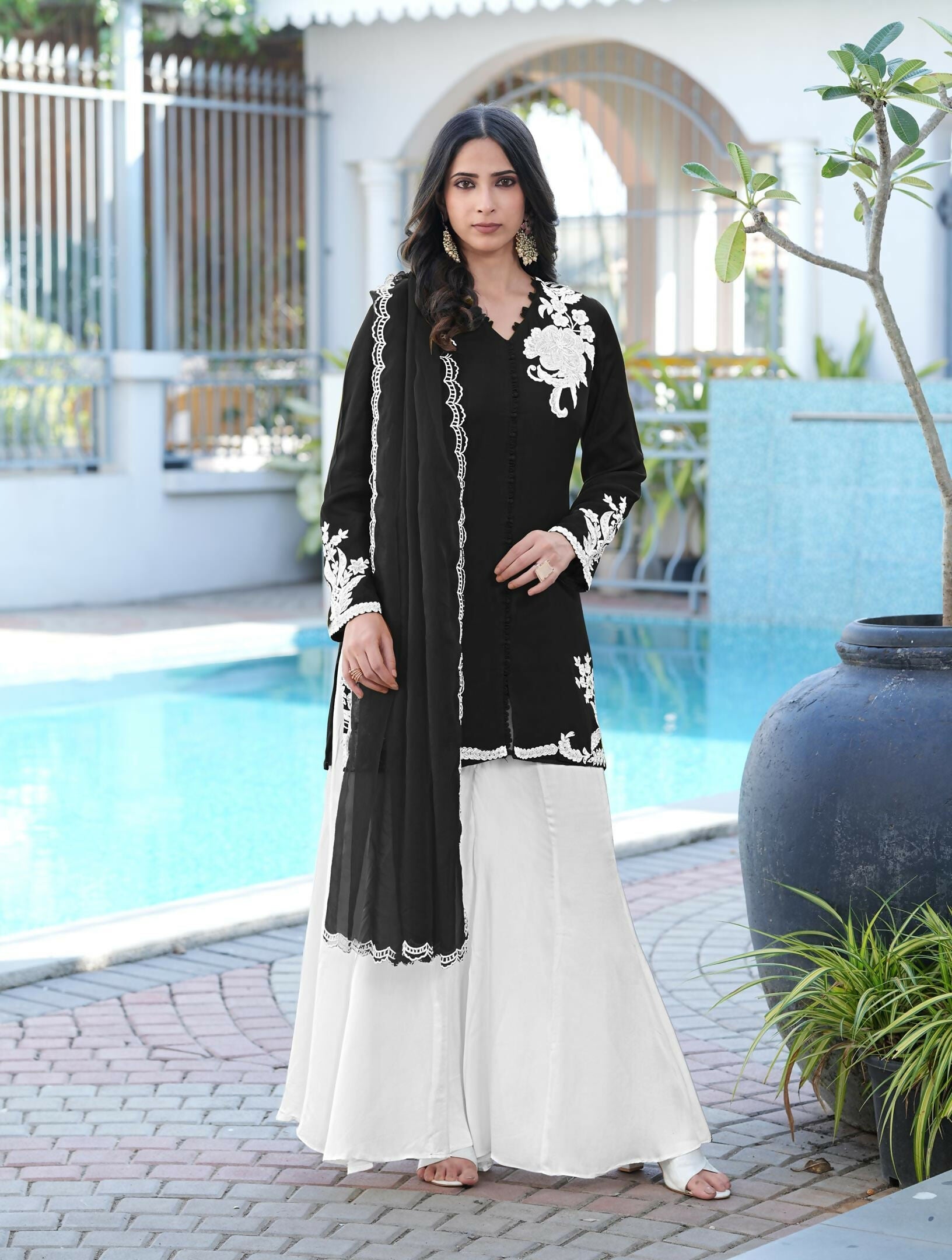 Nikhaar Black Embroidered Modal Silk Stitched Straight Cut Kurta Kalidar Palazzo Dupatta Readymade Suit