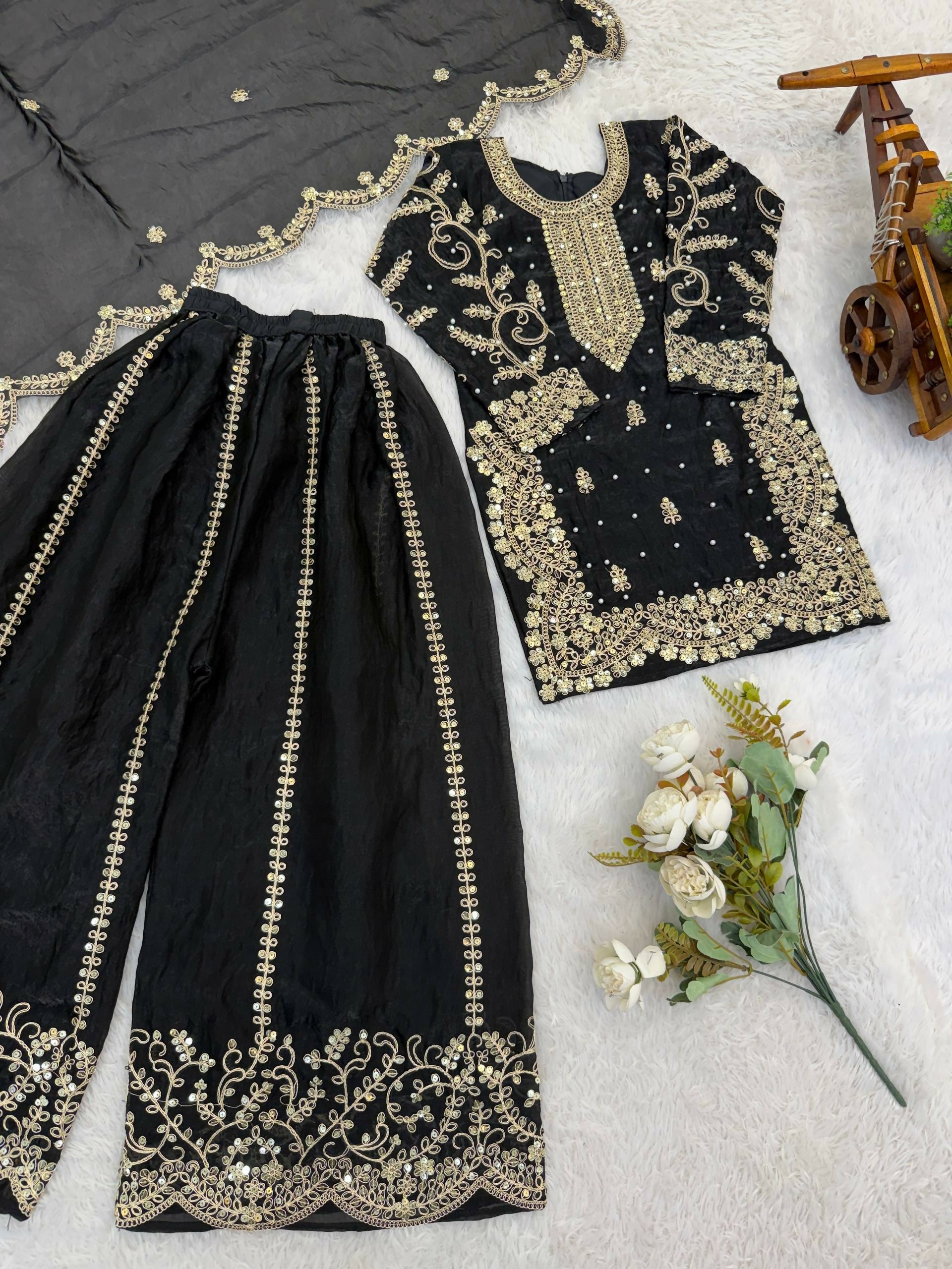 Teeya Creation New Trendy Fully Stitched Ready to Wear Kids Kurta Palazzo Set-Black