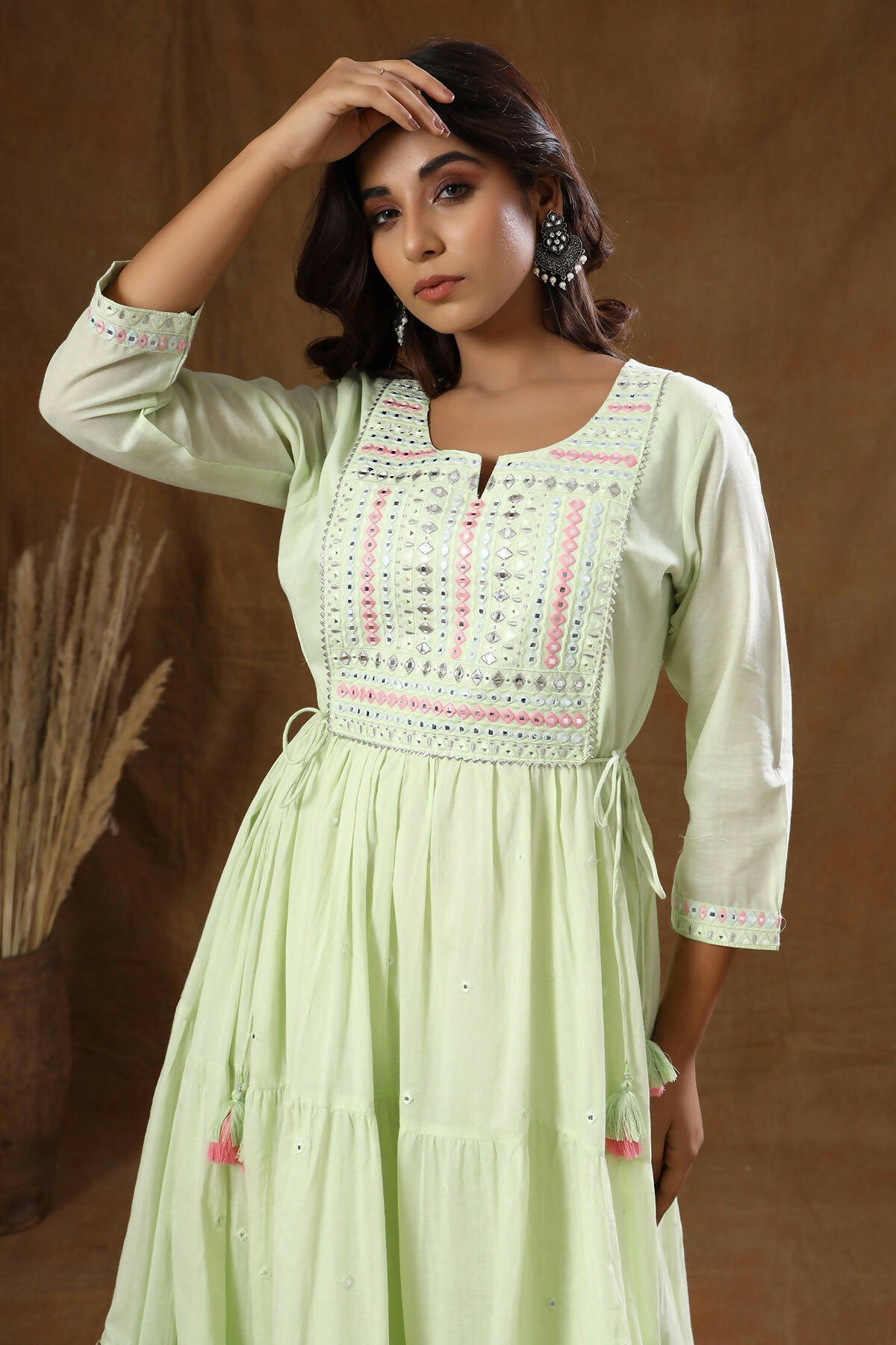 Kaajh Women's Green Mirror Embellishment Anarkali Kurta