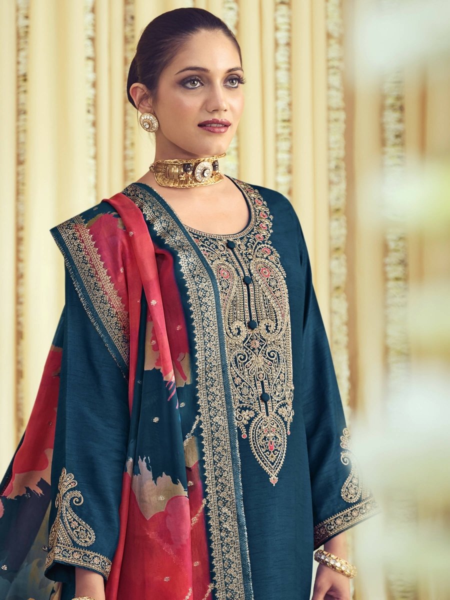 Aastha Fashion Women's Navy Blue Raw Silk Cording with Resham Thread work Kurta with Trouser & Dupatta - Grab2buy