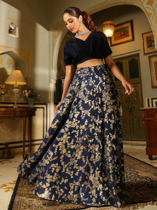 Janasya Navy Blue Silk Blend Solid Lehenga Choli 