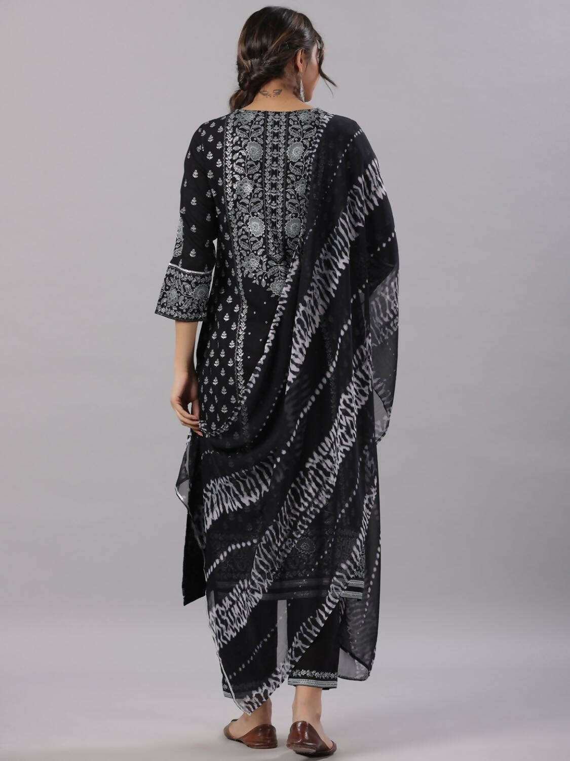 Juniper Women Black Rayon Staple Kalamkari Printed Kurta, Pants and Dupatta Set