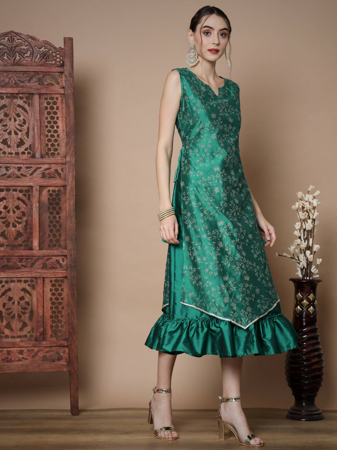 Myshka Women's Teal Floral Printed Gown Dress