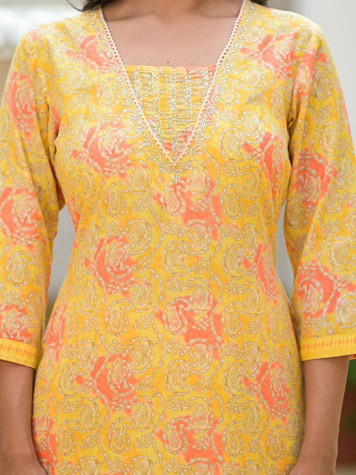 Juniper Women's Yellow Ethnic Motif Printed Cotton Kurta Pant With Dupatta Set With Sequins & Lace