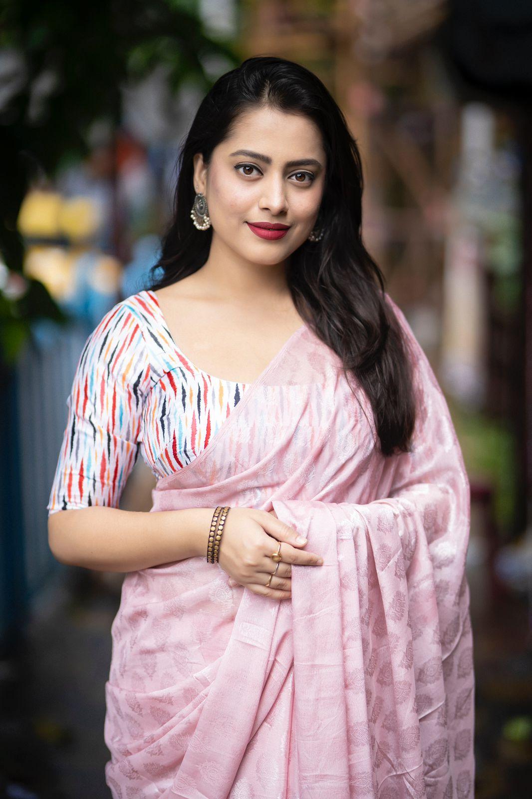 Pink Poly Crepe Ethnic Motifs Saree with Unstitched Blouse - A2M