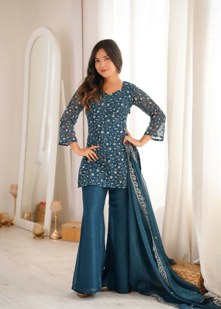 Teeya Creation Teal Blue Embroidered Short Kurti Sharara Suit Set With Dupatta