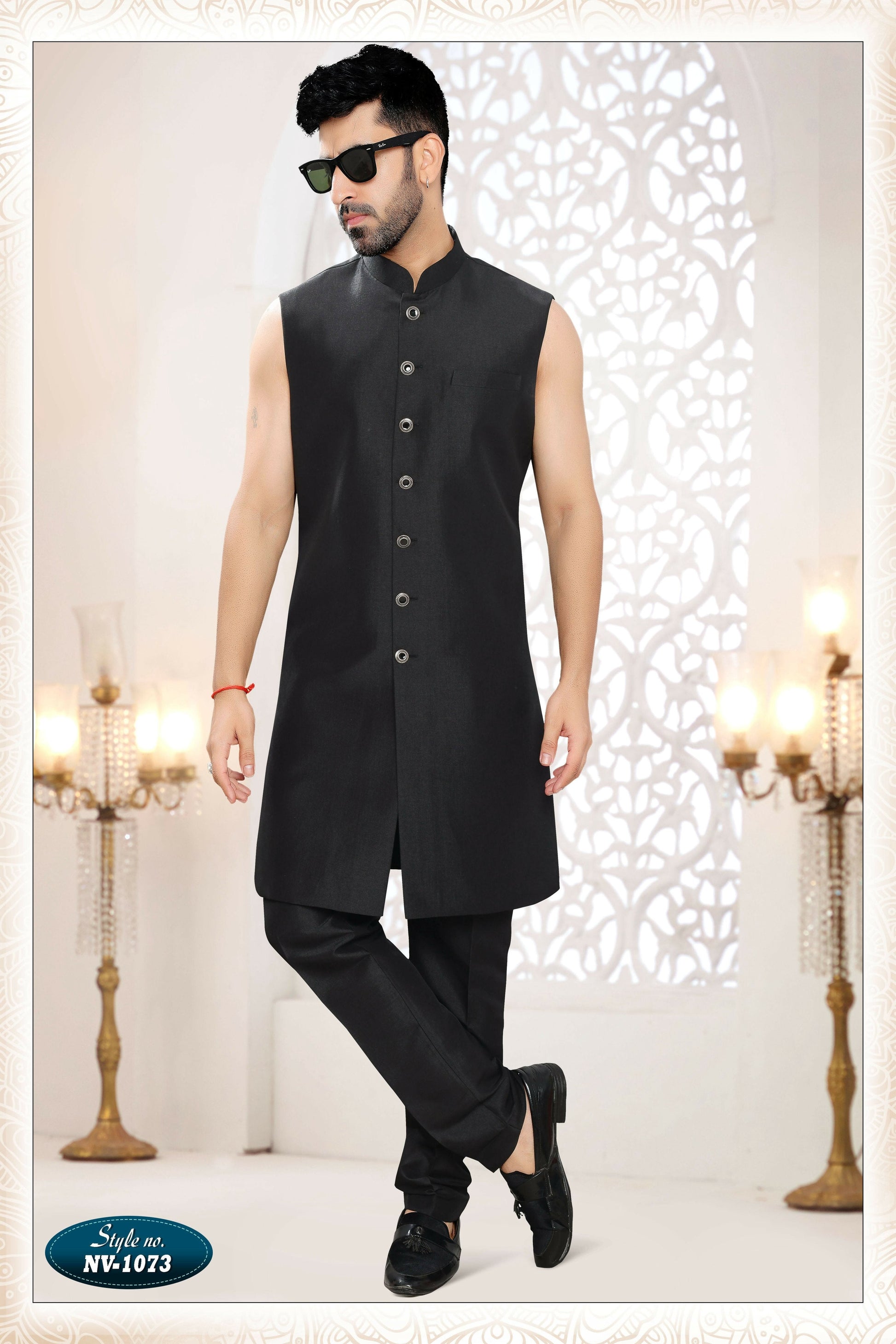 Joban Fashion Men's Black Straight Georgette Thread Embroidery All Over 3 Pc Kurta Set