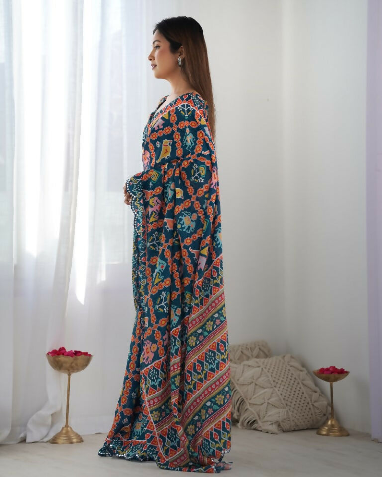 Nevy Blue Chinon Designer Digital Printed & Mirror Cut Work Saree - Kriti