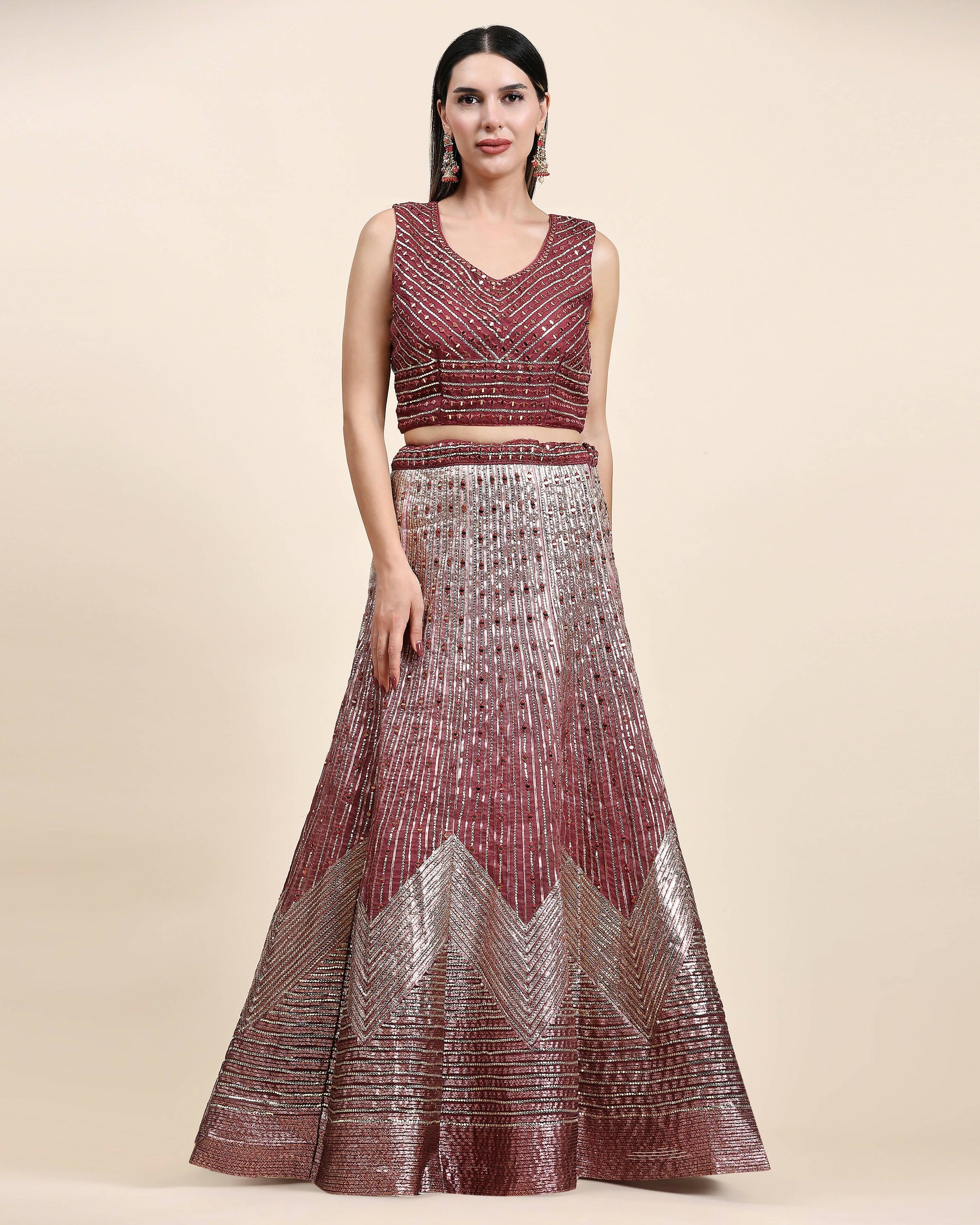 Maroon Organza Mirror With Coding Work Lehenga Choli with Dupatta - Tanya