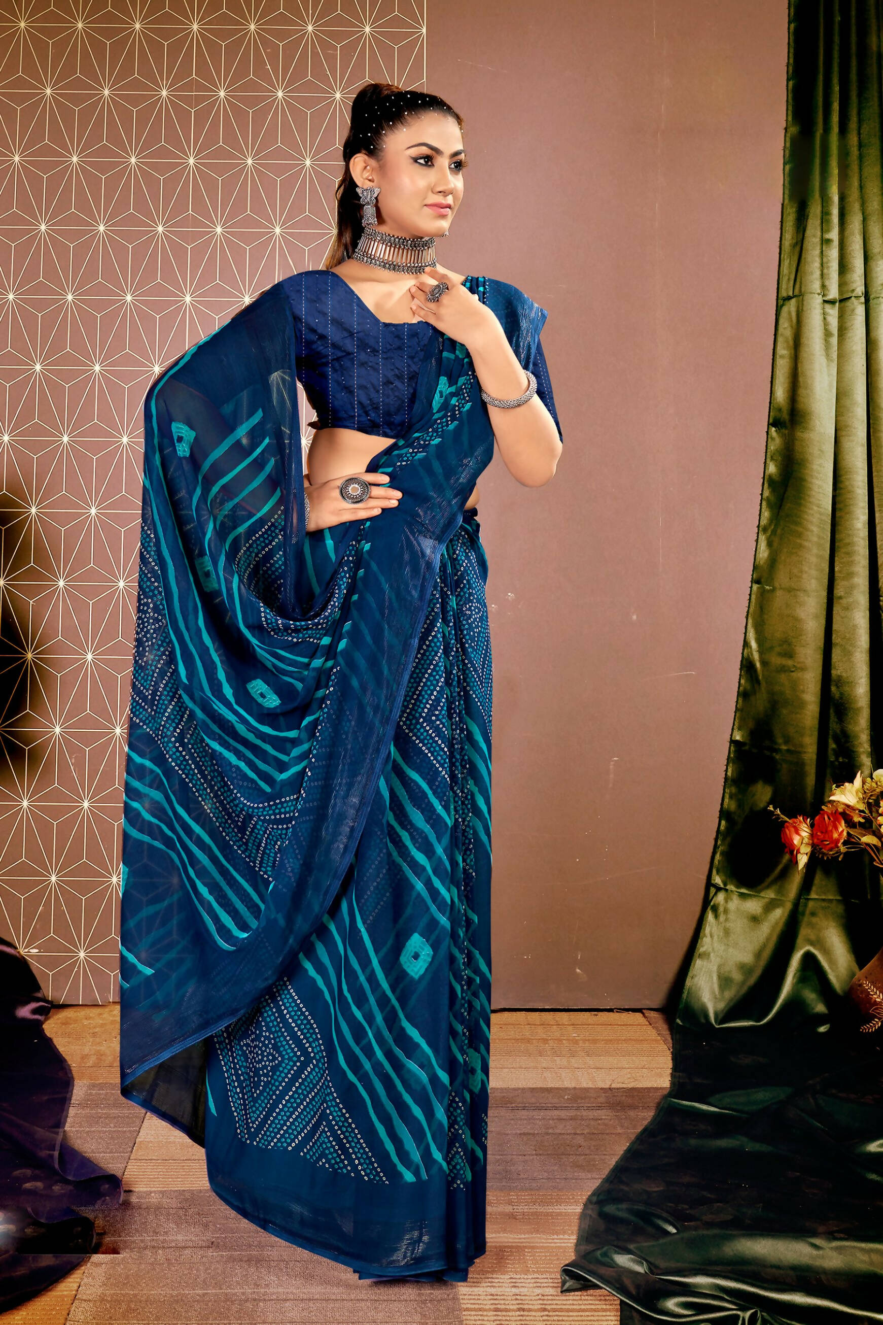 Navy Blue Chiffon Leheriya Printed Saree With Unstitched Blouse Piece - Shanaya