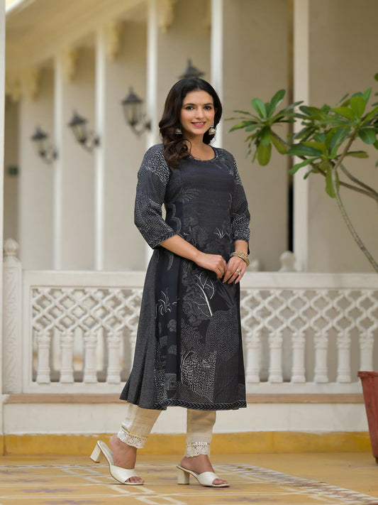 Juniper Women's Black Abstract Printed Kurta With Sequins 