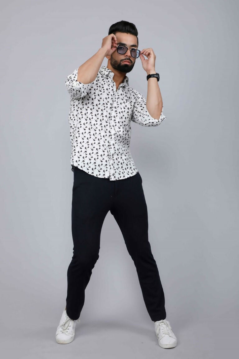 Miravan Men's White Spread Collar Bird Print Casual Shirt 