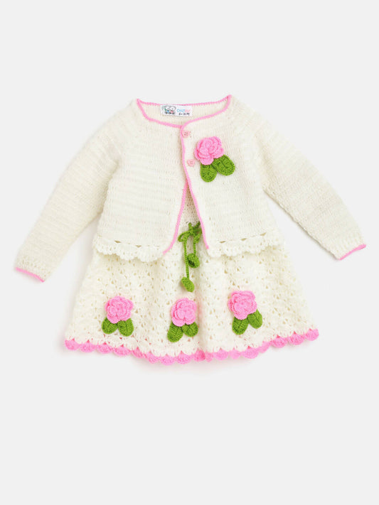 Chutput Kids Woollen Hand Knitted Full Sleeves Cardigan With Short Sleeves Flower Work Dress For Baby Girls - Cream