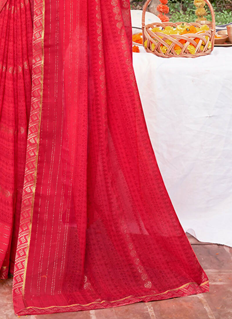 Red Georgette Foil Printed Saree with Unstitched Blouse Piece - Avika
