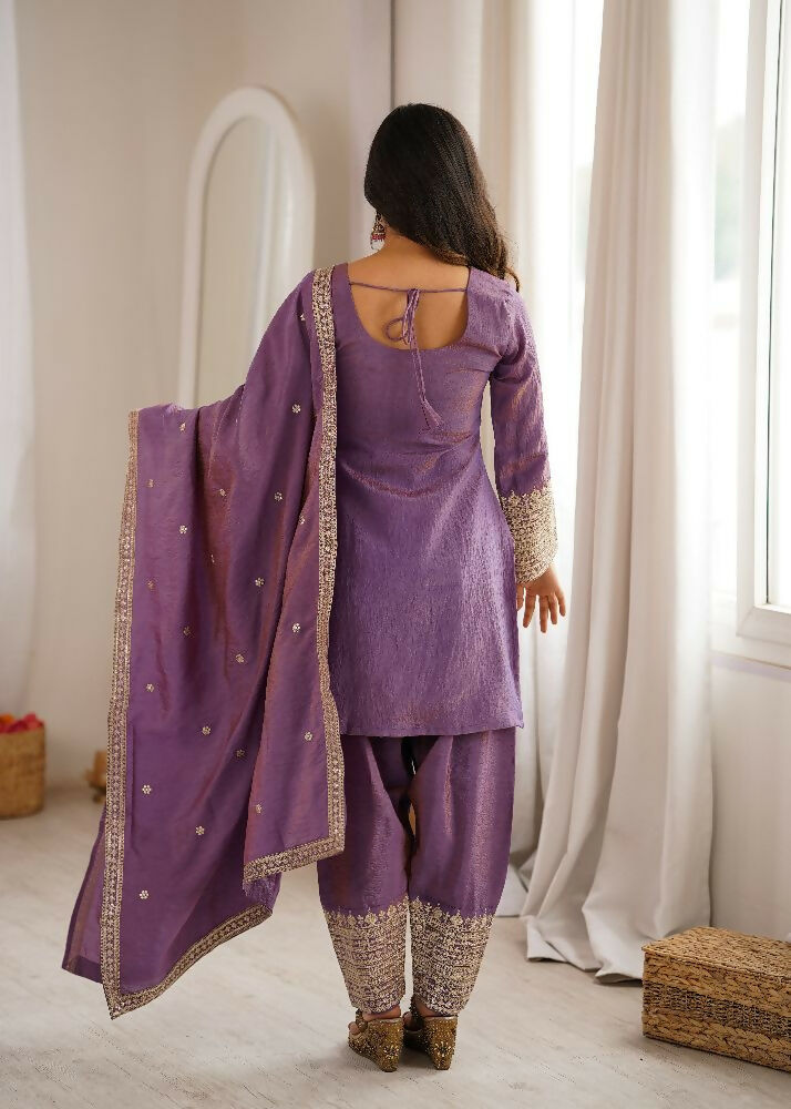 Teeya Creation Mauve Purple Afghani Salwar Suit Set With Elegant Zari Border