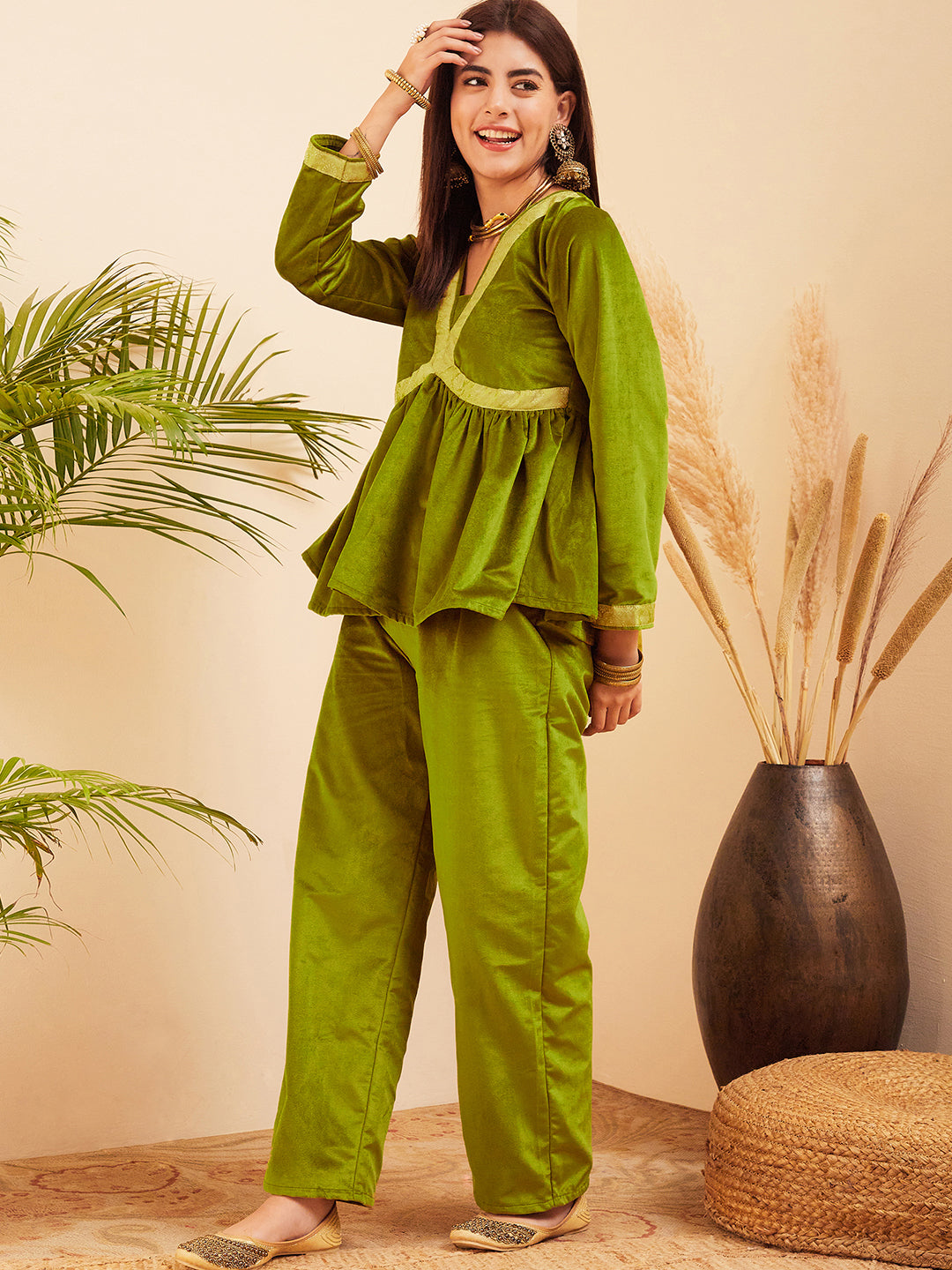 InWeave Women's Olive Mughal Shaan Style Velvet Short Kurta Set 